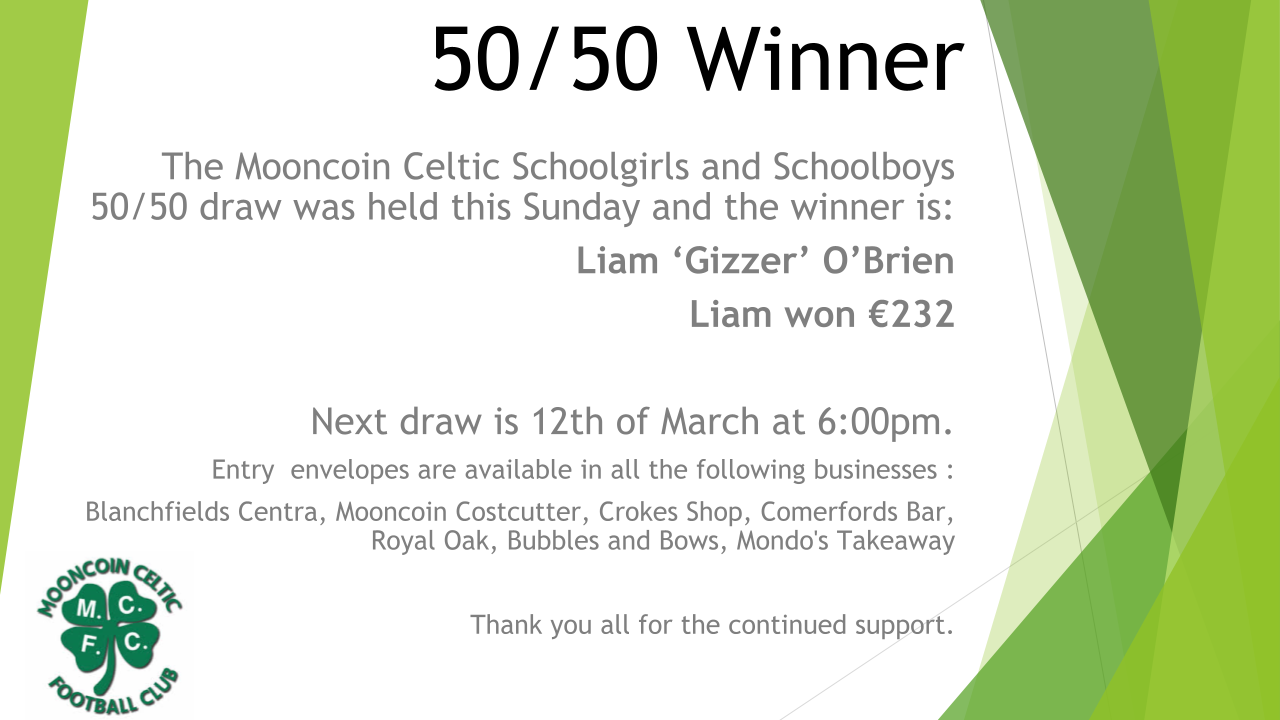 50-50 Draw Winner for late February – Mooncoin Celtic FC
